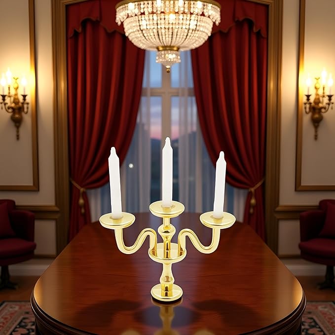 Gold 1/12 Miniature Candlestick Candelabra with Candles Dollhouse Accessories, 3-arms