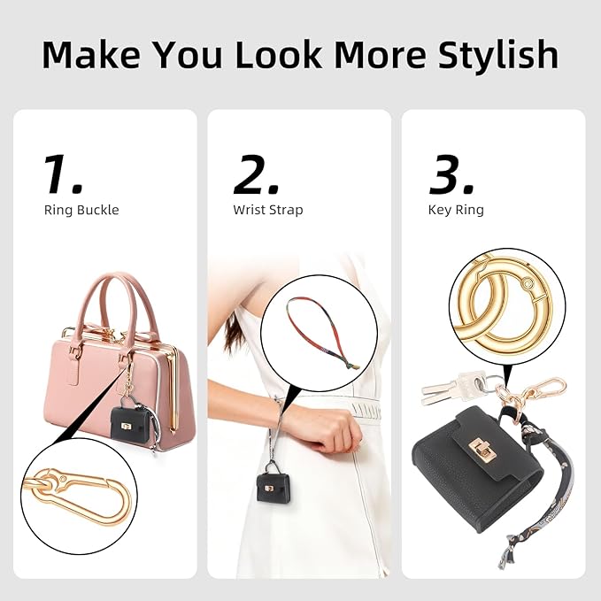 FENHIN Mini Backpack Keychain, Leather Small Coin Purse for Women, Cute Hand Bag Charms with Key Holder & Twist-lock (Black)