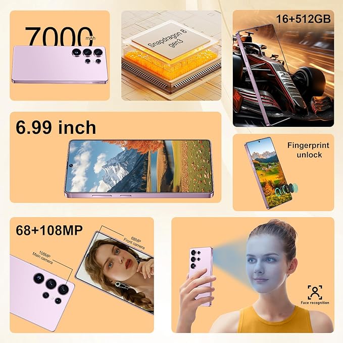 OEJBK I25 Ultra: Powerhouse 16GB/512GB, 2-Day 7000mAh Battery, Huge 6.99" Android 14 Phone w/Built-in Stylus - Your All-in-One Device The Superior Choice (Pink)