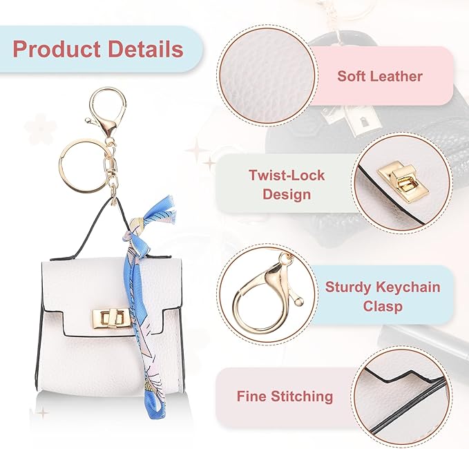 PATIKIL Mini Backpack Keychain, Cute Coin Purse Keychain PU Leather Backpack Purse Key Chain Little Earbud Bag Keychains for Women Mini Card Data Cable Organizer, White