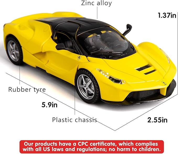 BDTCTK 1:32 Farrari Car Model Pull Back Car with Sound and Light for Kids Boy Girl, Metal Body Door Opened Yellow