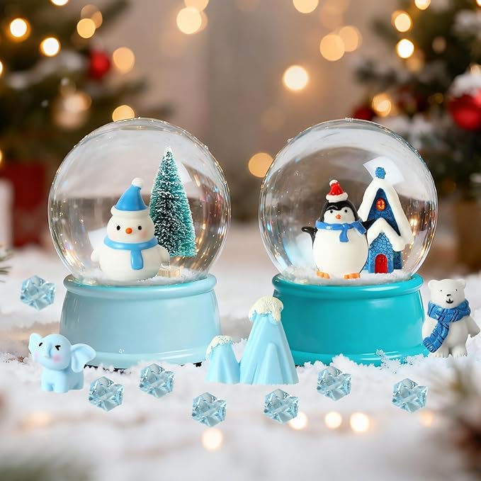 Miniature Winter Figurines, Blue Theme Simulated Ice Cubes Blue Christmas Tree Christmas Scenery Ornaments for Desktop Decoration Micro Landscape Accessories