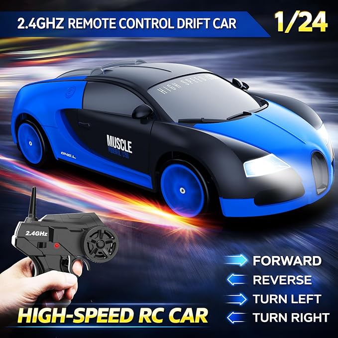 Remote Control Car RC Drift Car 2.4GHz 1:24 Scale 4WD 15KM/H High Speed Model Vehicle with LED Lights Drifting Tire Racing Sport Toy Car for Adults Boys Girls Kids Gift 2Pcs Rechargeable Batteries