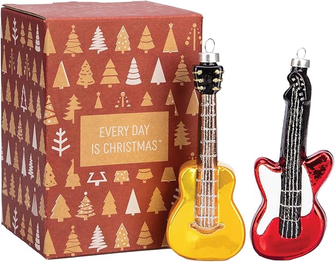 Every Day is Christmas Glass Blown Ornaments Cute Hand Made Figurines Tree Decoration, Set of 2 Guitar