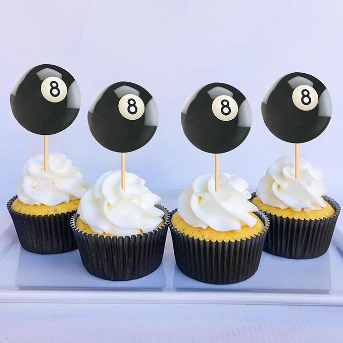 Ercadio 24 Pack Double Sided Pool Ball Cupcake Toppers Sports Cupcake Picks Birthday Cake Decorations Baby Shower Sports Theme Party Cake Decorations