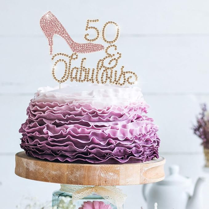 LINGTEER 50 Fabulous Pink High Heel Rhinestone Crystal Cake Topper Perfect for 50th Birthday Anniversary Party Keepsake Sparkle Decoration
