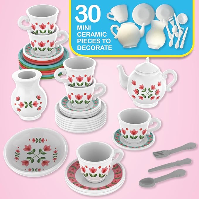 Mini Maker Tea Party Creations – Paint Your Own Tea Set with UV Oven – DIY Ceramic-Like Craft Kit for Girls – Decorate 30 Tableware Pieces, Decals & Glaze – Ages 6+