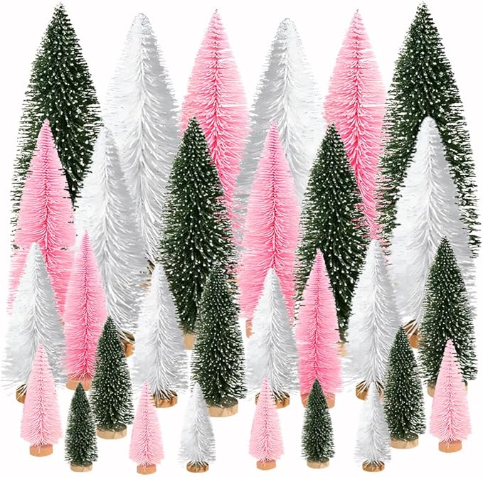 Yahpetes Artificial Mini Christmas Trees, 30 Pcs Sisal Snow Pines in 5 Sizes, Crafting Displaying Decoration, Tabletop Xmas Tree for Home, Party (Pink/White/Green)