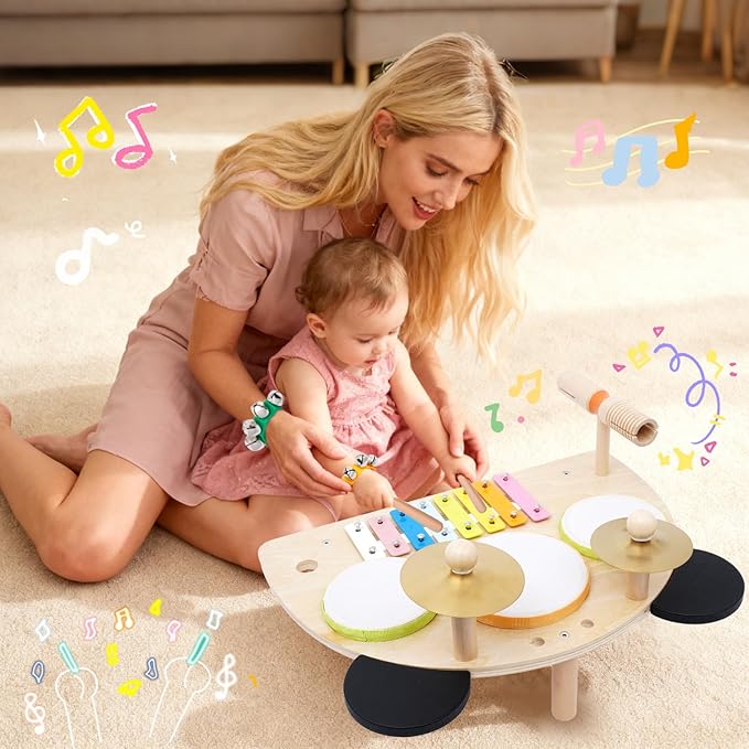 Kids Drum Set, Montessori Musical Instruments for Toddlers 1-3, Wooden Baby Musical Toys, Musical Activity Table Preschool Learning Xylophone Drum Kit, Christmas Birthday Gift for Boys Girls Ages 1-3