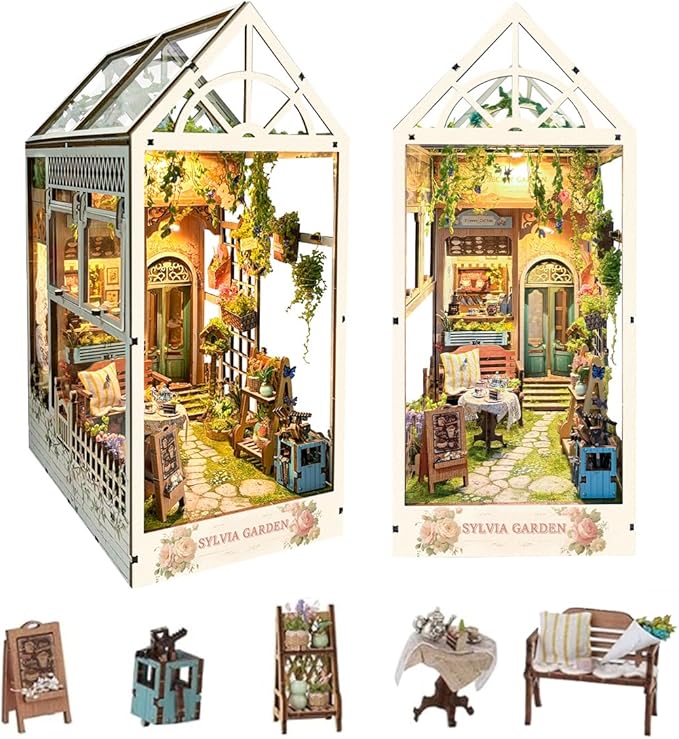 DIY Dollhouse Kit for Adults 2D Stereo Assembly Night Light Sensing Wooden Bookend Jigsaw Building Model (Sylvia Garden)