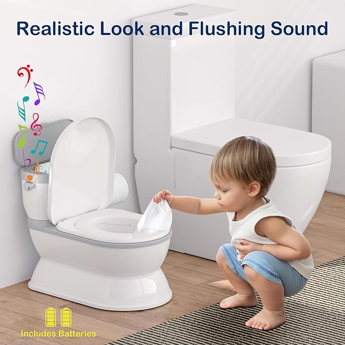 CheerTry 2-in-1 Toddler Potty Training Toilet - Larger Potty Chair & Detachable Training Seat for Boys & Girls Ages 1-3 with Flushing Sound, Wipes Storage, Toilet Paper Holder - Grey