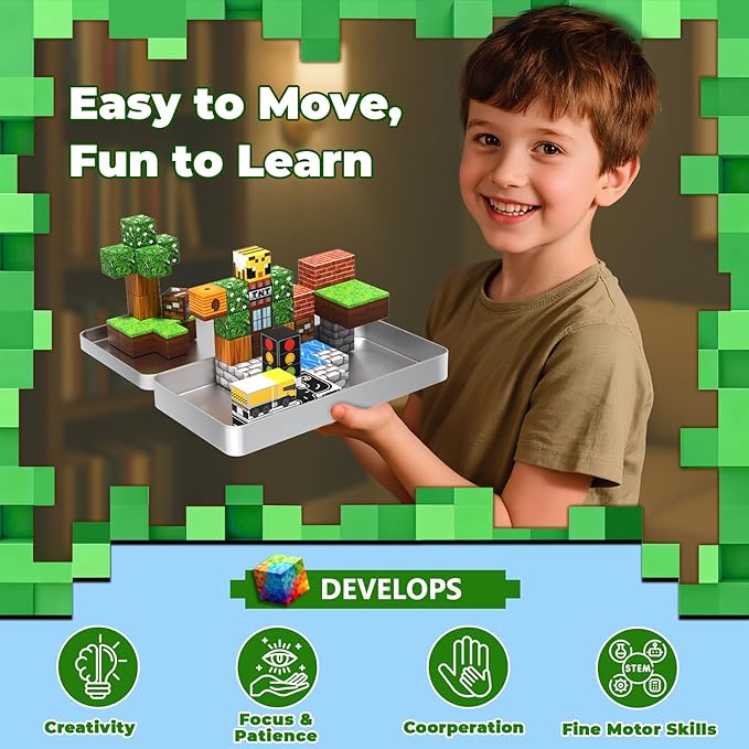 45 Pcs Travel Magnetic Blocks with 1 Pcs Magnetic Figures -Mini Magnetic Building Blocks for Kids Ages 4-8, Magnet Cubes Stacking Toys with Portable Metal Box, Birthday Gift for 3+ Year Old Boys Girls