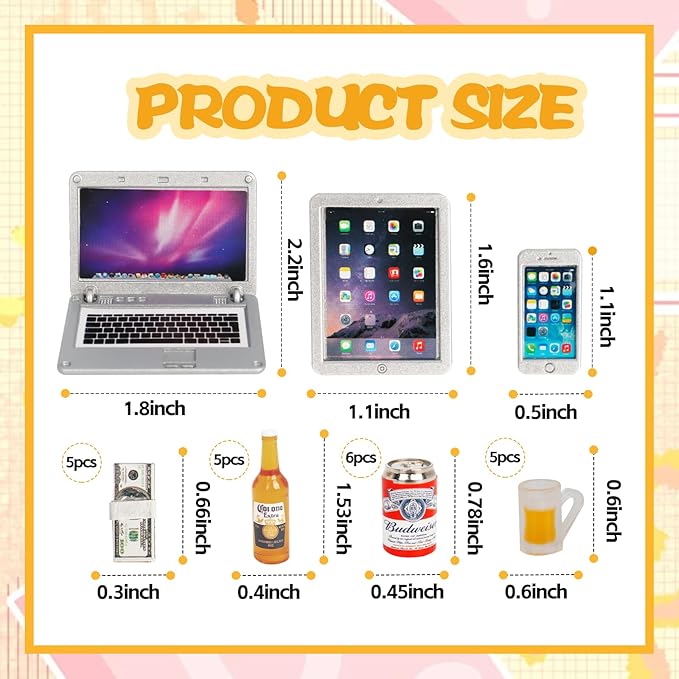 Hiawbon 24pcs Mini Beer Bottles Set, 1:12 Scale Miniature Beer Cans Glass Mini Laptop Tablet Smart Phone Dollar Bills Set, Miniature Scene Model for Fairy Garden Pub Bar Decoration Computer Simulation