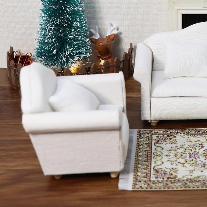 Dollhouse Couch with Pillow 1 12 Scale Miniature Sofa Arm Chair Living Room Furniture Wooden Fabric Frame Single Reading Chair Artificial House Room Scene Decoration (White)