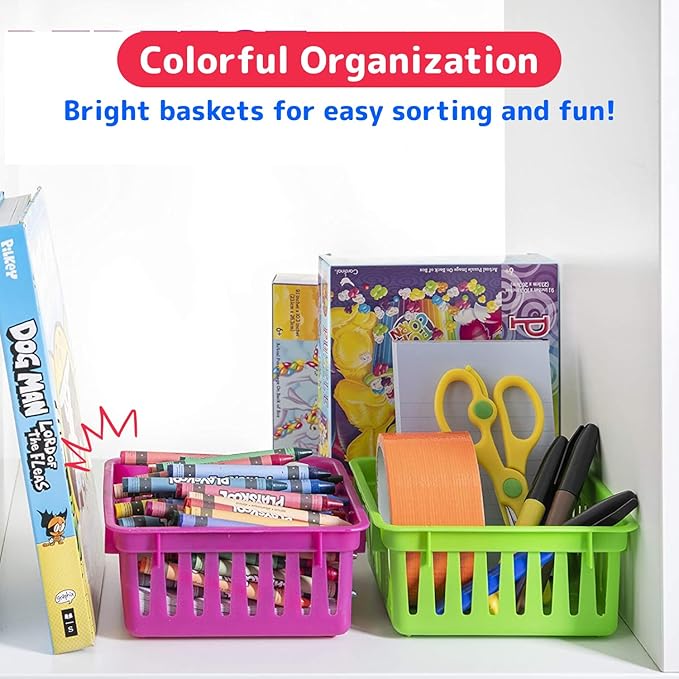 PREXTEX Classroom Storage Baskets - Crayon & Pencil Container - Classroom Organization - Multicolor Plastic Square Baskets, 5x5x3 Inches, 12 Count
