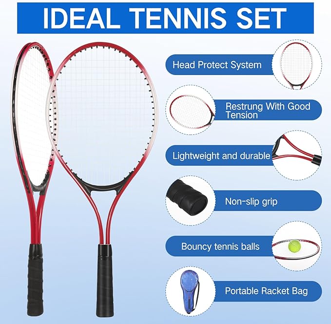 Motionchic Tennis Rackets Recreational 21 Inch Lightweight Tennis Racket with Balls for Training Beginners with Overgrips Carry Bag(Blue,Red)