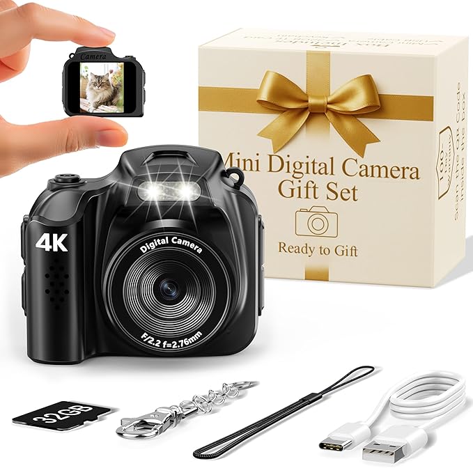 FLATIC Mini Keychain Camera –4K Digital Tiny Camera with 32GB Card & Elegant Gift Box, Fun Pocket-Sized Gadget for Kids & Adults, Collectible Gift for Travel, Birthdays & Stocking Stuffers, Black