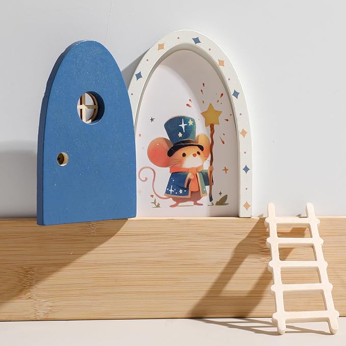 Christmas Mamimami Home Blue Wooden Magical Fairy Doors, 13cm 5.12 inch Elf Mouse Miniature Tiny Door with Ladder, Tooth Fairy Door Handmade Decorations Gifts
