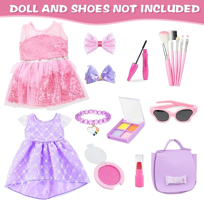 VAWMJOT 18 Inch American Doll Accessories, 2 Sets Pink and Purple Dresser Sunglasses Handbag Lipstick Hair Clip Eye Shadow Foundation Make-up Bracelet Cosmetic Brush American Doll Clothes Set