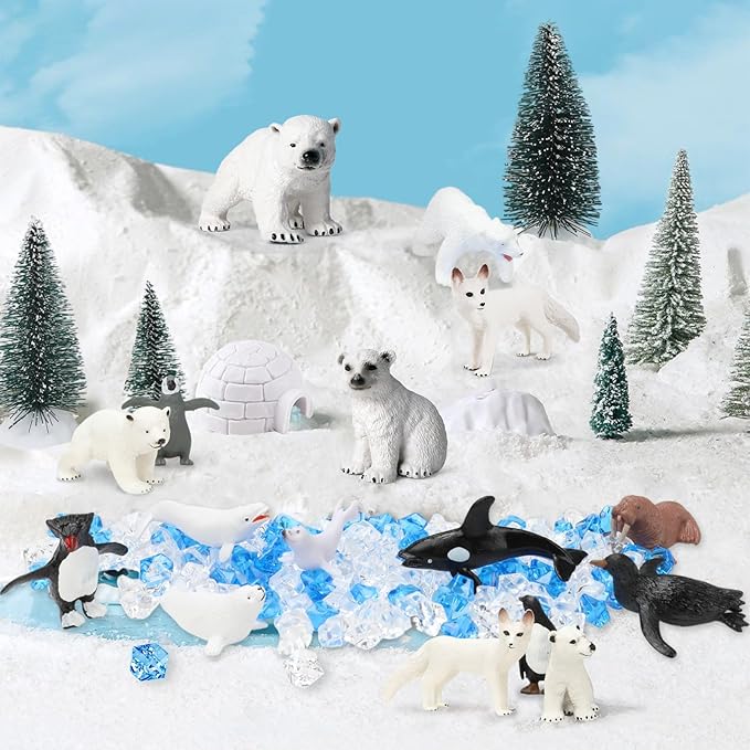 Entollar 40 Pcs Arctic Animal Figurines Set, Complete School Projects Polar Animals Diorama Kit with Bear, Penguin, Fox, Walrus, Reindeer, Trees & Fake Ice, Preschool Educational Toys Birthday Gift