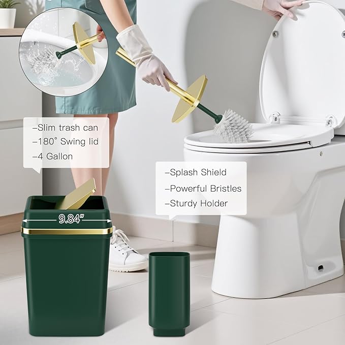 9PCS Bathroom Accessory Set, Dark Green Bathroom Set with Large-Capacity 4 Gallon Trash Can, Bathroom Accessories Set Complete, Toothbrush Holder, Soap Dispenser, Toilet Brush, Bathroom Decor