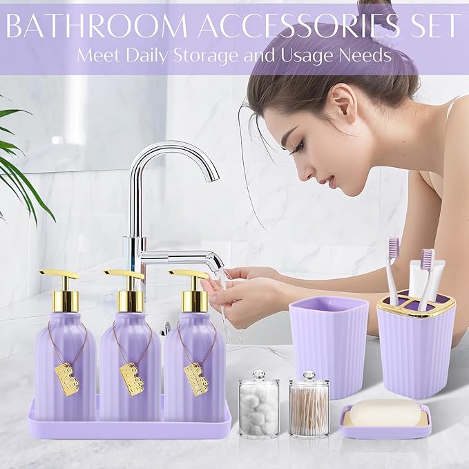 WSBArt 17PCS Bathroom Accessory Set Bathroom Set Purple Bathroom Accessories,Toilet Brush, Trash Can, Qtip Holder Dispenser& 3PCS Soap Dispenser