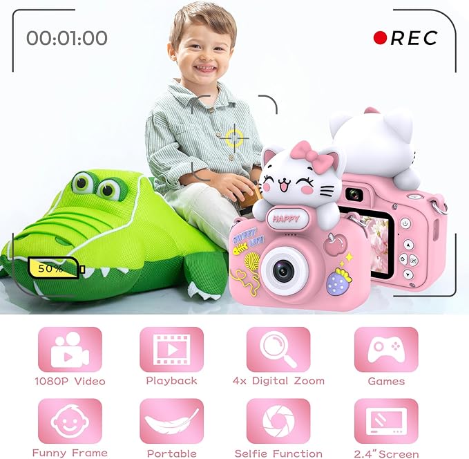 Kids Camera for Girls and Boys,1080P 8X Digital Zoom Camera for Kids Age 3 4 5 6 7 8, 48MP Dual Lens Toddler Cameras for Christmas Birthday Gifts with Silicone Case & 16GB TF Card,Pink