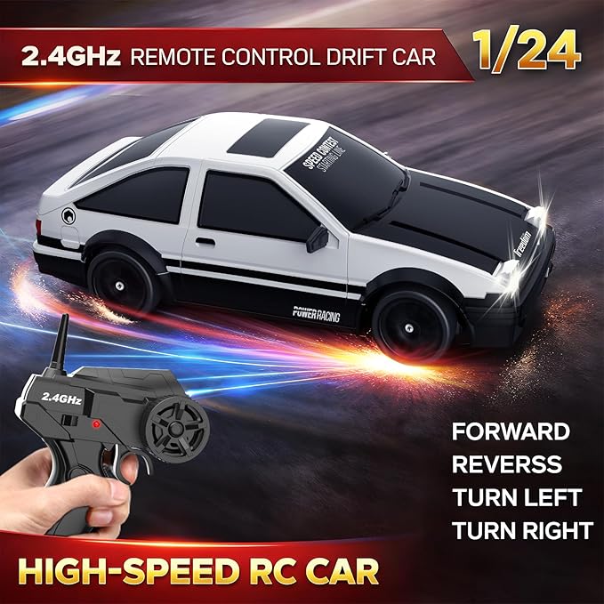 Remote Control Car RC Drift Car 2.4GHz 1:24 Scale 4WD 15KM/H High Speed Model Vehicle with LED Lights Drifting Tire Racing Sport Toy Car for Adults Boys Girls Kids Gift 2Pcs Rechargeable Batteries