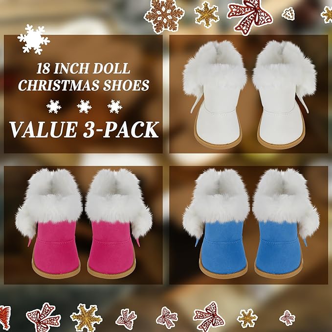 Bencailor 3 Pairs Doll Shoes 18 Inch Doll Boots Winter Dolls Snow Boots Christmas Accessories for Dress up(Blue White Rose Red)