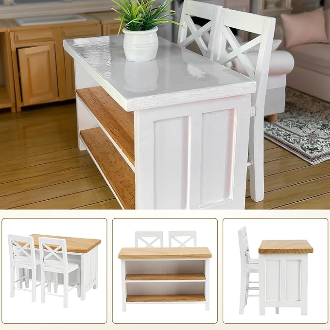 1/12 Scale Dollhouse Kitchen Dining Table Chairs Set – Miniature Kitchen Island with Stools, Modern Wood Furniture for Dollhouse Room Decor – Realistic Miniatures for Restaurant Bar Pub Barbie Crafts