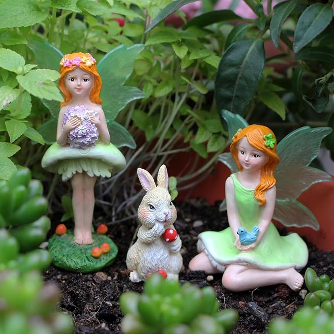 KOCNYDEY Mushroom Garden Miniatures Fairies Luminous Wings, Mini Garden Figurine Set Fairies Statues with a Rabbit for Outdoor Garden Yard Lawn Home Decor Lovely Resin Fairy Angel Accessories 3 PCS