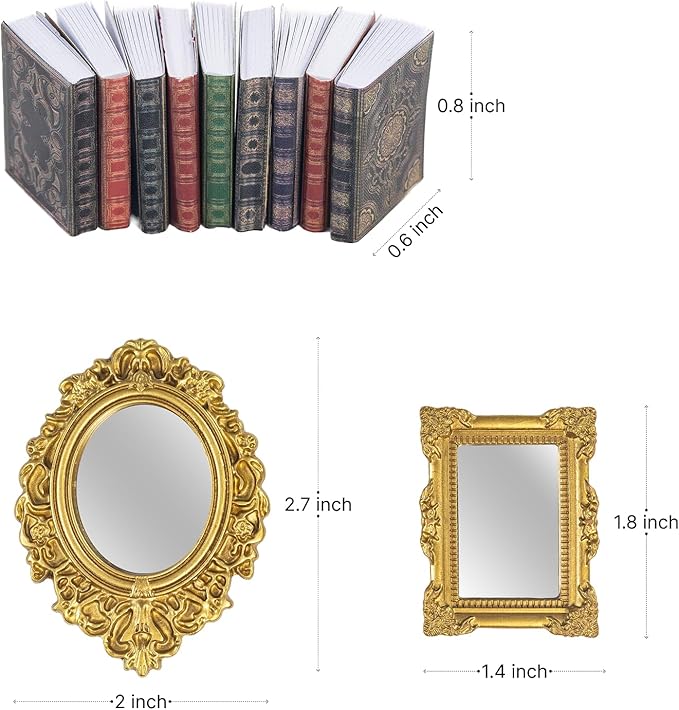 SAMCAMI Miniature Dollhouse Accessories, Mini Books and Mini Mirror for 1/12 Scale Doll House Accessories and Furniture, Miniature Things, 13 Pieces
