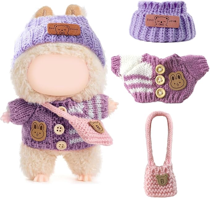 Clothes for LABUBU Doll (NO Doll), Handcrafted Crochet 3-Piece Accessories for LABUBU 17cm Dolls, Premium Outfit - Bunny Sweater + Hat + Bag, Cute Clothes for Dress up Unique Style (Purple)
