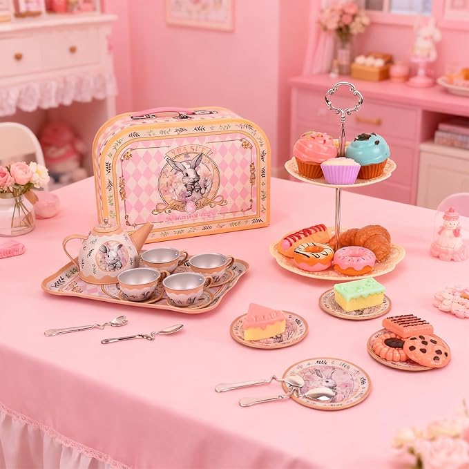 Tea Party Set for Girl, Tea Time Toys Including Tea Set Dessert Carrying Case, Kids Picnic Pretend Playset for Little Girls Birthday Toddler Kids Age 3-7