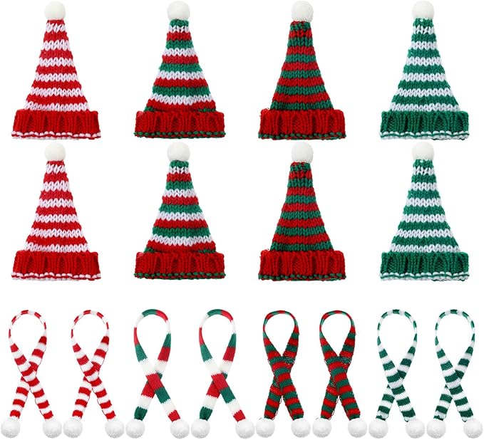 Geyoga 16 Pcs Mini Knit Doll Hat Valentines Day Small Santa Hat for Craft Winter Mini Snowman Hats and Scarf Tree Ornaments Snow Stripe Heart Wine Bottle DIY Decor Gifts