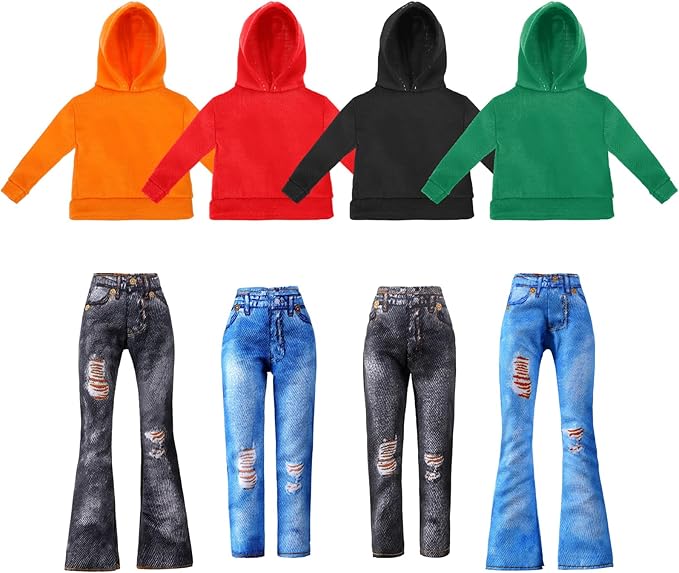 Bencailor 8 Pieces Winter Doll Clothes Girl Accessories Cotton Christmas Sweaters Denim Pants Regular Outfit Clothing(Black,Orange,Red,Green,11.5 Inch Doll)