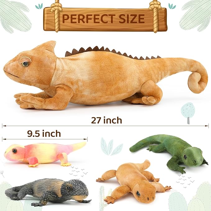 5Pcs Giant Lizard Plush, 27" Mother Iguana Stuffed Animal with 4 Baby Lizard Plushies, Bearded Dragon Plush Toy for Kids Reptile Lovers, Yellow Stuffed Chameleon for Christmas Birthday Gift