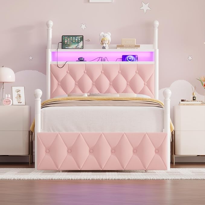 HIFIT Set of 2 Girls Twin Upholstered LED Canopy Bed Frame with Charging Station & Storage Drawer, Button Tufted Storage Headboard w/Bookshelf, Two-Use Kids Platform Bed frame w/4 Removable Post, Pink