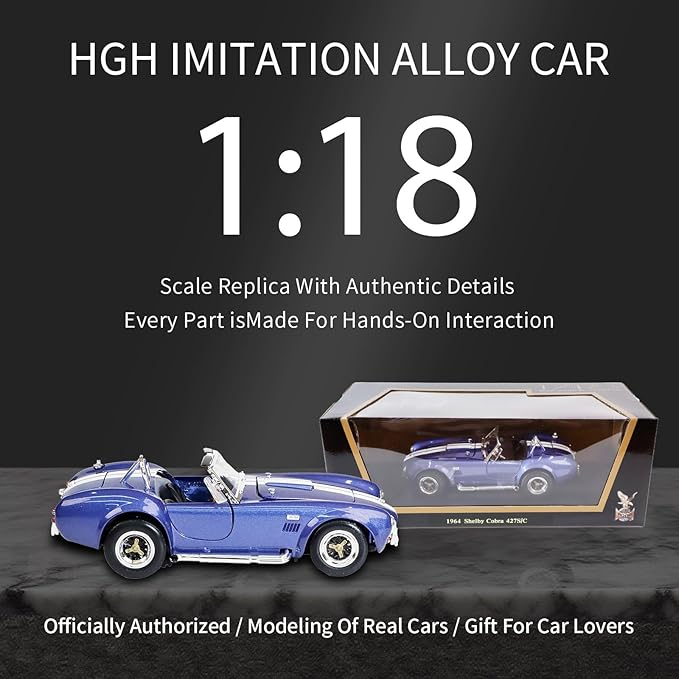 1964 Shelby Cobra 427S/C 1:18 Diecast - 7.0L V8 Semi-Competition | Opening Doors, Steering Linkage, Premium Gift Box | Ages 14+,Blue