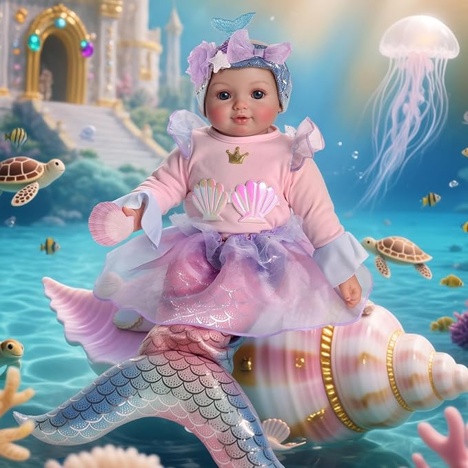 BABESIDE Mermaid Baby Doll Girl, 15-Inch Realistic Soft Baby Dolls with Shiny Mermaid Tail & Accessories, Cute Mermaid Toys for Girls Ages 3-10 Kids, Christmas, Birthday