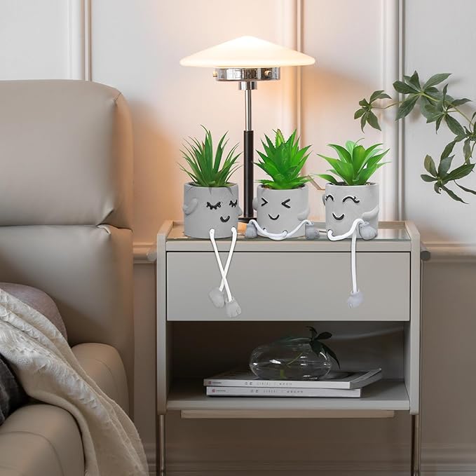 SEMSOIIO 3 Pcs Aesthetic Faux Succulents with Dangling Legs Small Fake Plants in Face Pots Kawaii Shelf Sitters Unique Office Gifts for Women and Coworkers Grey