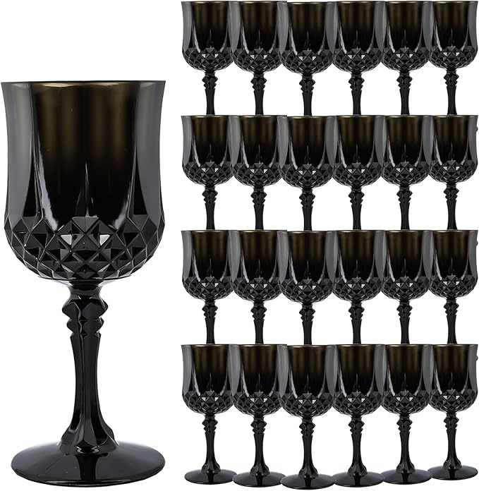 LEYIQU Plastic Wine Glasses, Plastic Goblets Vintage Style Cordial Drinking Glasses for Valentine’s Day, Wedding Reception, Grand Event Party Supplies (24, Black)