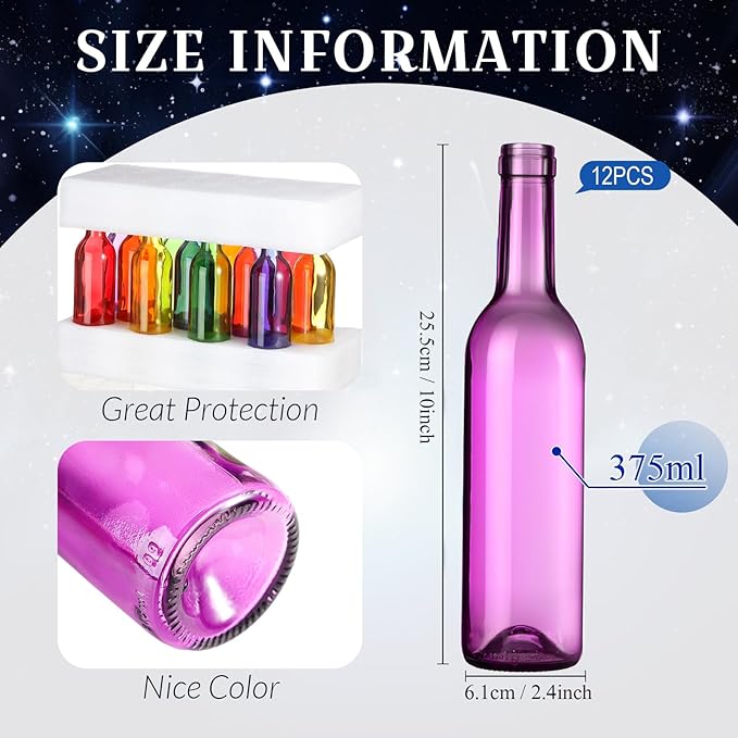 Rtteri 12 Sets Small Empty Wine Bottles with Cork Lights Centerpiece and 30 LED Battery Operated Cork Lights for Birthday Wedding Party Decoration (375 ml,Colorful Bottle)