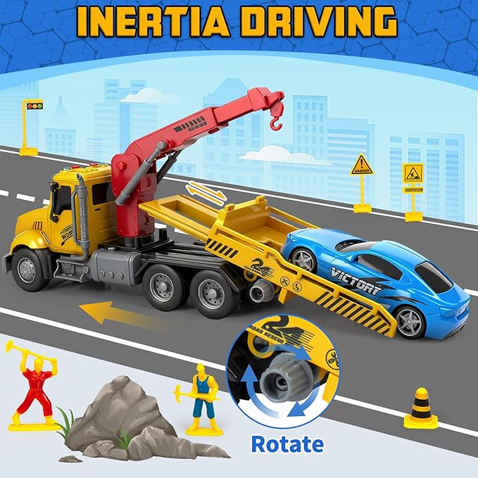 Large Tow Truck Toy, Kids Toys for 3 4 5 6 7 8 Years Old Boys Toddlers Birthday Easter Gifts, Friction Powered Transport Crane Toy with Lights and Sounds, 2Pcs Racing Car, Traffic Signs