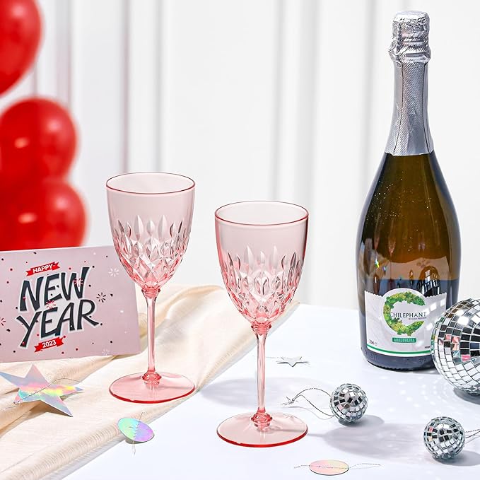 SKLENICE 48 pcs Plastic Pink Wine Glasses Bulk 7.4oz Detachable Small Wine Goblet Champagne Flutes Unbreakable Vintage Diamond Stemware Mimosa Drinking Glassware for Wedding Christmas Event Party
