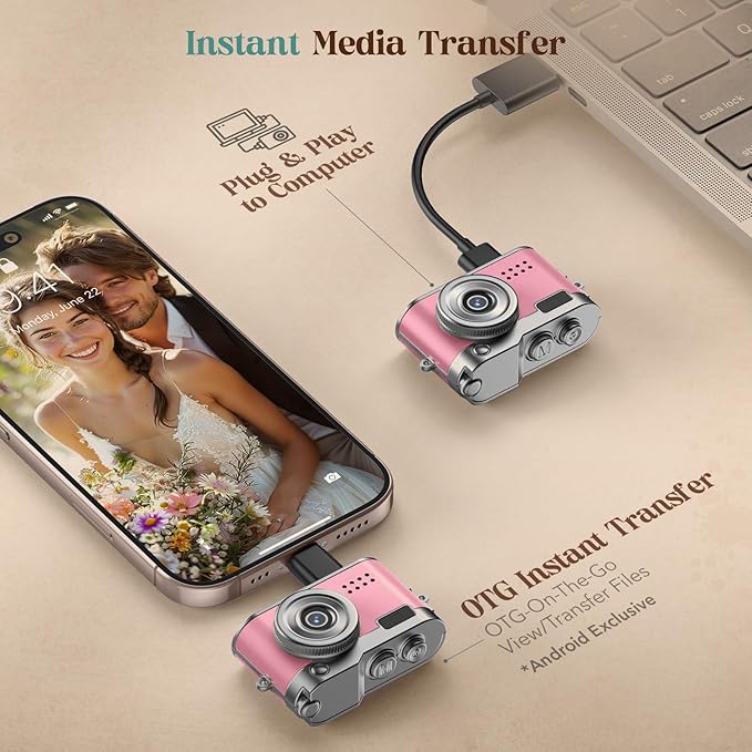 HOTU Mini Digital Camera, Keychain Camera 1080P HD with 2MP Lens, Flash, Video Recording, 32G Card Included, Portable and Compact Retro Vlog Camera for Travel, Kids, Pink