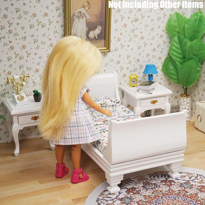 Odoria Dollhouse Single Bed Miniature: 1/12 Scale Wooden Bed Victorian for 6 inch Dolls Bedroom Vintage - Mini White Furniture with Bedding Fabric