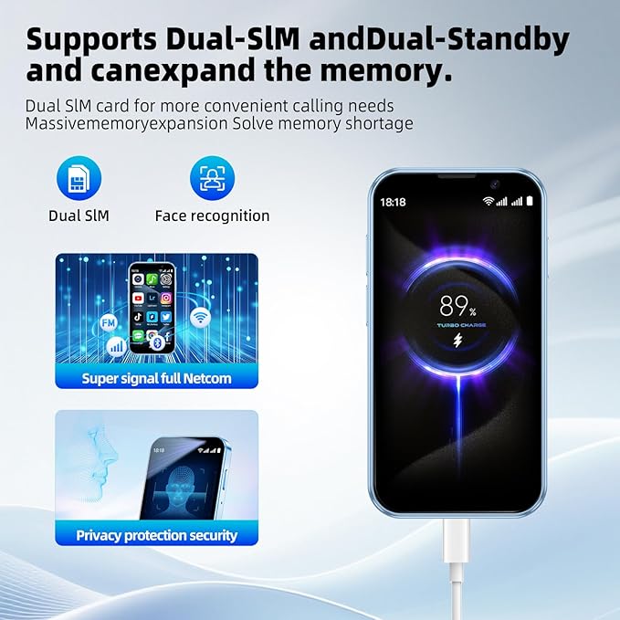 QHO Mini phone Unlocked Mini Smartphone for kids World's Smallest Cell Phone 3.0" HD Touch Screen Quad Core Dual Sim Card Face ID Android Compact Small Mobile Phones for Student Pocket 2GB+16GB (Blue)