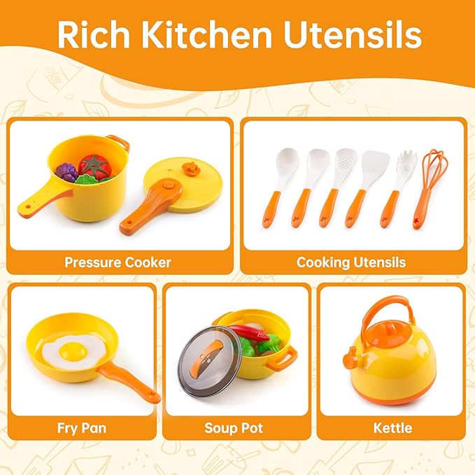 60Pcs Kids Mini Play Kitchen Accessories, Pretend Cooking Play Set with Cookware, Tableware & Fruit & BBQ Sets, Learning Gift for Boys, Girls, Toddlers,Yellow