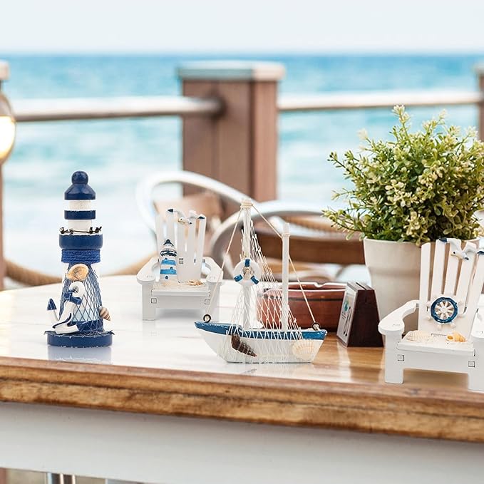 JQAQJU 4" Wooden Beach Chair Lighthouse Sailboat, 4pcs Mini Nautical Home Decoration & Beach Ocean Ornament for Summer Bathroom Bedroom Kitchen